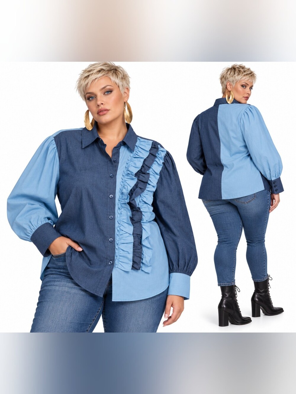 NWT Ashley Stewart Two-Tone Ruffle Button-Front Blouse Plus Size 18 20